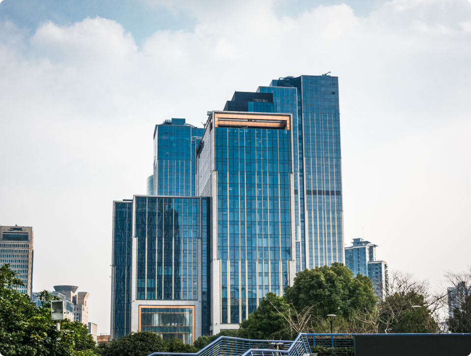 Modern commercial building protected by fire and security solutions